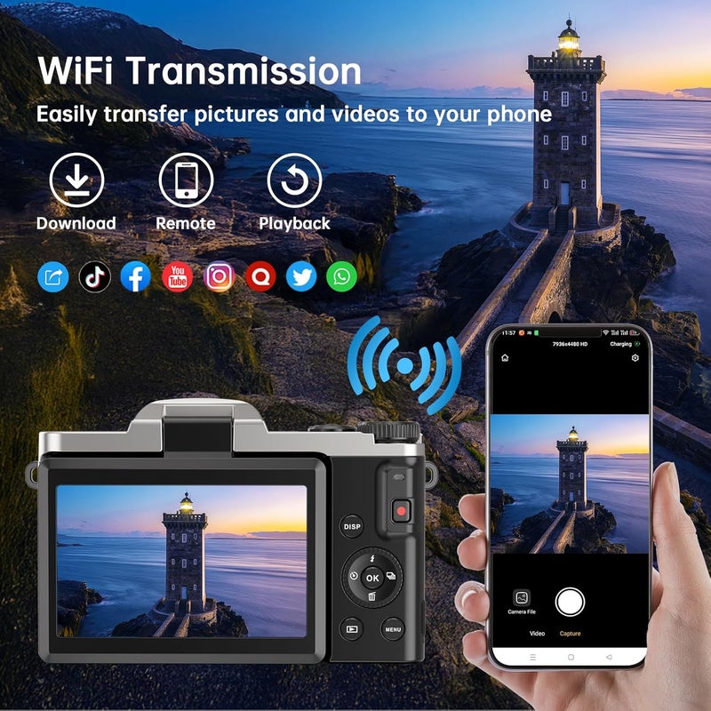 AUREAPIX كاميرا رقمية 4K للتصوير مع واي فاي 64 ميجابكسل كاميرا فلوغينغ للصور على يوتيوب فيديو شاشة قابلة للطي 3'' 180° كاميرات 4K زوم 16X مضادة للاهتزاز كاميرات مدمجة للتصوير مع بطاقة SD - Image 3